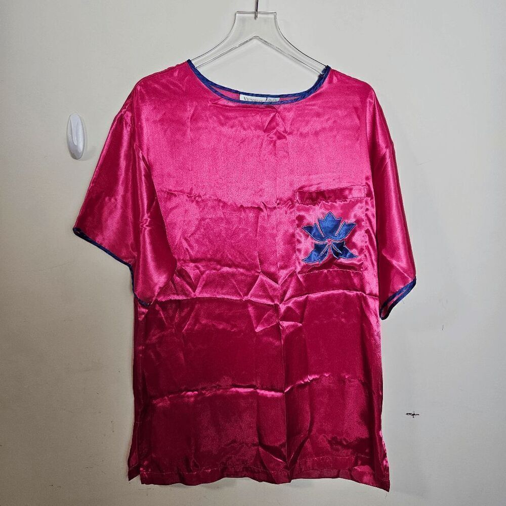 Vintage Victoria's Secret Short Sleeve Satin Sleepwear Embroidered Shirt Women's